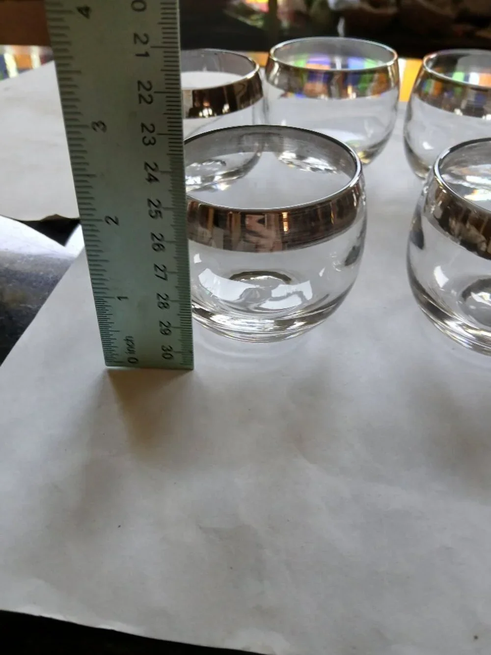 Vintage glass barware roly poly silver band MCM barware  flaws